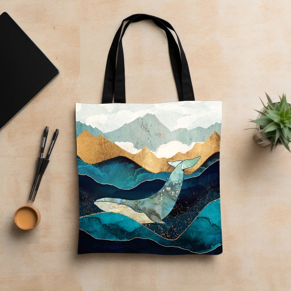 Whale Tote Bag, "Blue Whale" by SpaceFrog Designs, Designer Shopping Bag, Abstract Ocean Bag, Art Tote Bag, Beach Bag, Coastal Tote Bag