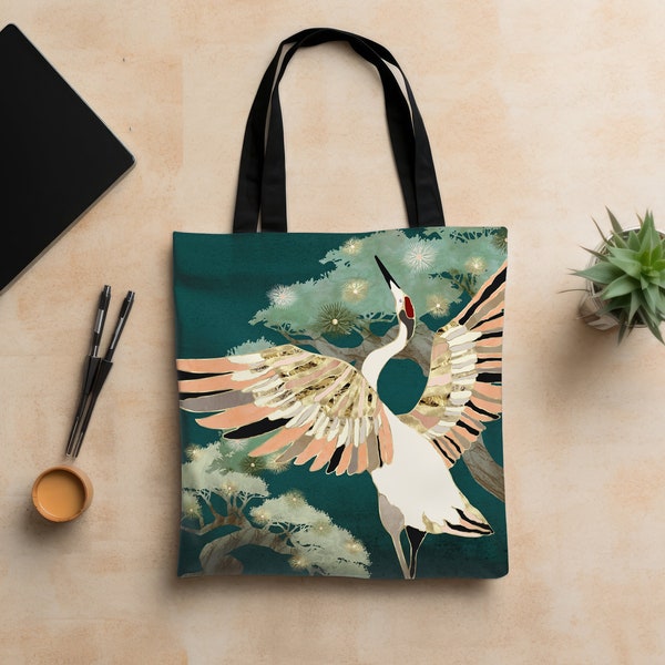 Bird Tote Bag,  Abstract Landscape and Crane Bag, Artsy Nature Tote Bag, Bird Camping Bag, "Golden Crane" by SpaceFrog Designs