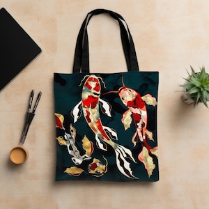 Koi Tote Bag, Abstract Fish Bag, Artsy Metallic Koi Tote, Fish Design Camping Carryall Bag, Metallic Koi by SpaceFrog Designs image 1