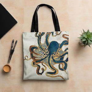 Octopus Tote Bag, Abstract Ocean Octopus Bag, Artsy Metallic Octopus Tote, Beach Carryall Bag, Underwater Dream VI by SpaceFrog Designs zdjęcie 1