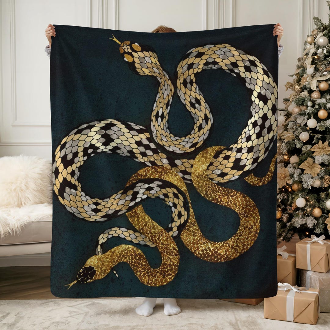 Sherpa Blanket - Gold Serpent Pattern, Dark Abstract Snake Art Cozy ...