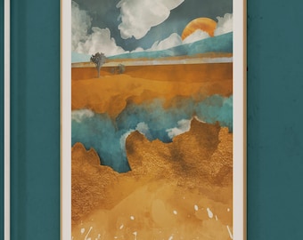 May include: Abstract landscape painting with a golden sunset, blue and white clouds, and a small tree in the foreground. The painting is framed in a light wood frame.