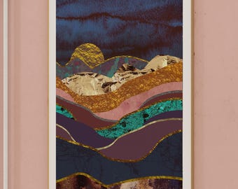 Luxury Abstract Landscape - Rich Metallic Tones Art Print, Modern Textured Wall Decor