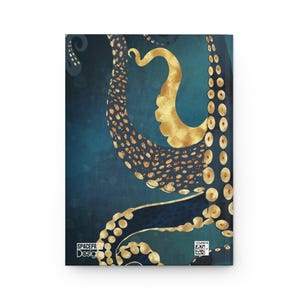 Puede incluir: Impresi&oacute;n de arte abstracto con un pulpo dorado y azul con un patr&oacute;n texturizado. El pulpo se representa con sus tent&aacute;culos enroscados e interconectados, creando un dise&ntilde;o din&aacute;mico e intrincado. El fondo es de un color azul profundo, que proporciona un contraste llamativo con el pulpo dorado.