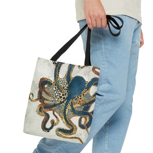 Octopus Tote Bag, Abstract Ocean Octopus Bag, Artsy Metallic Octopus Tote, Beach Carryall Bag, Underwater Dream VI by SpaceFrog Designs Small