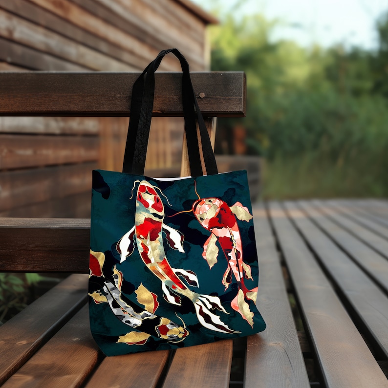 Koi Tote Bag, Abstract Fish Bag, Artsy Metallic Koi Tote, Fish Design Camping Carryall Bag, Metallic Koi by SpaceFrog Designs image 3
