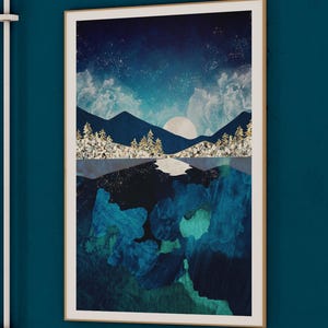 Abstract Landscape Reflection Art Poster - Minimalistic Home Decor - Mountain and Lake Decor - &quot;Midnight Water&quot; by SpaceFrog Designs