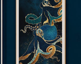 Golden Octopus Underwater Art - Marine Life Illustration, Luxury Nautical Decor