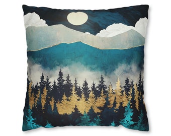 Evening Mist Pillow Cover: Abstract Forest Landscape, Moon Art