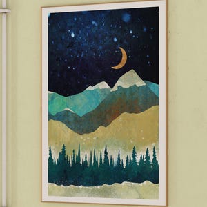 May include: A digital painting of a mountain range with a crescent moon in a dark blue sky with white stars. The mountains are layered in shades of blue, green, and brown with a dark green forest in the foreground.