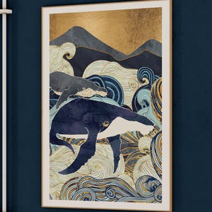 Whale and Calf Silhouette Artwork - Ocean Waves and Mountain, Motherhood Abstract Print