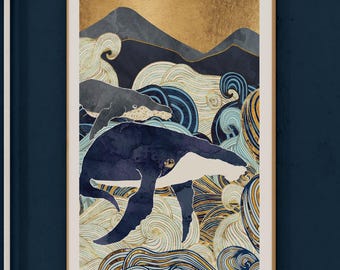 Whale and Calf Silhouette Artwork - Ocean Waves and Mountain, Motherhood Abstract Print