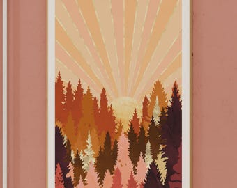 Autumn Forest Art Print - Vibrant Sunset and Tree Silhouette, Nature Inspired Wall Decor