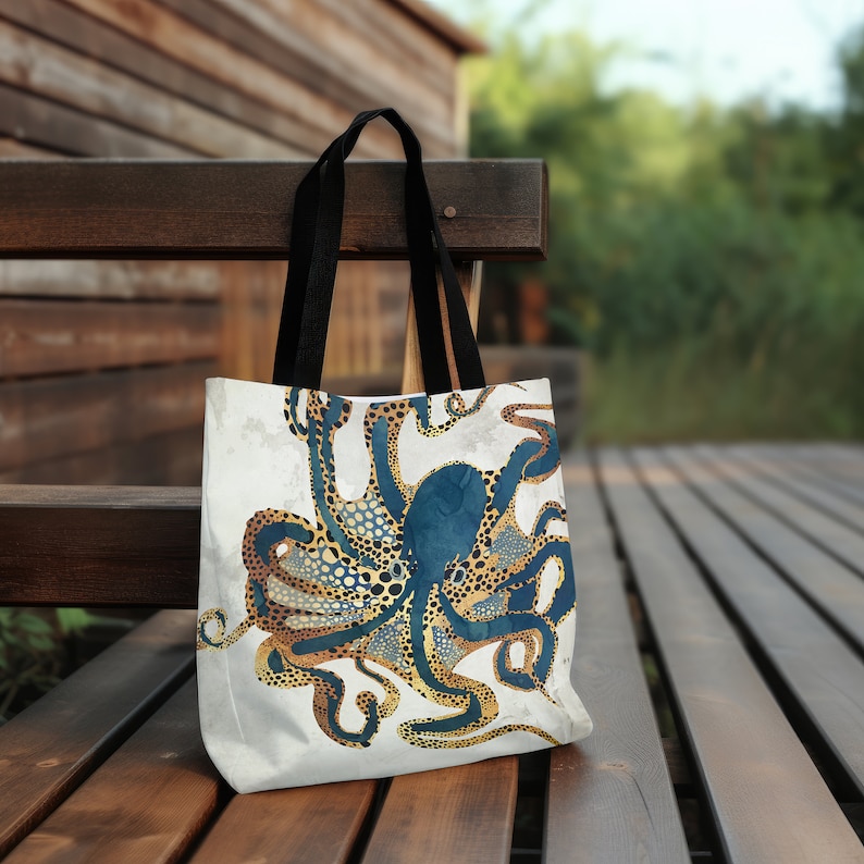 Octopus Tote Bag, Abstract Ocean Octopus Bag, Artsy Metallic Octopus Tote, Beach Carryall Bag, Underwater Dream VI by SpaceFrog Designs zdjęcie 3