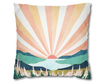 Abstract Sunset Pillow Cover: Retro Mountain Landscape Throw Pillow