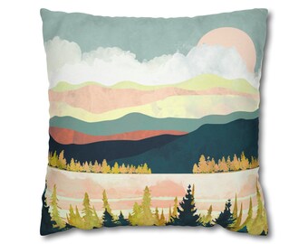 Pastel Lakeside Sunset Pillow Cover: Boho Landscape Throw Pillow