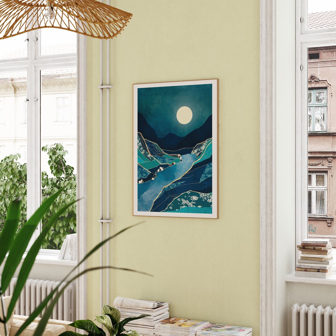 Abstract Blue Landscape Art Print Mountain and River Etsy