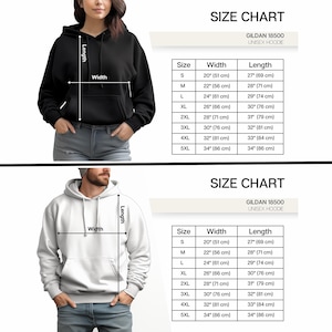 Pu&ograve; includere: Tabella delle taglie delle felpe con cappuccio unisex in bianco e nero. La tabella include le misure di larghezza e lunghezza in centimetri per le taglie dalla S alla 5XL. La felpa &egrave; Gildan 18500.