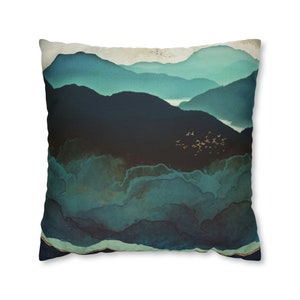 Indigo Mountains Pillow Case by SpaceFrogDesigns, Abstract Mountain Pillow, Indigo Style Pillow, Misty Mountain Pillow Cover