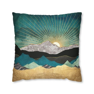 Square Pillow Cover Peacock Vista by SpaceFrog Designs, Abstract Landscape Pillow Art, Mountain Sun Pillow, Gold accent Pillow Cover, Decor