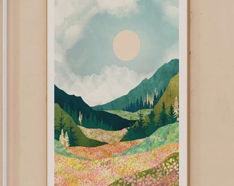 Spring Mountain Landscape Art Print: Pastel Flower Vista
