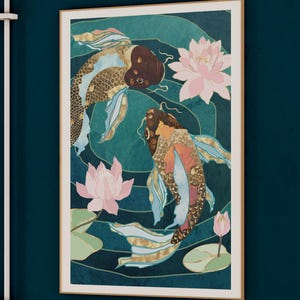 May include: Two gold and blue koi fish swimming in a teal pond with pink lotus flowers. The fish have intricate scales and are surrounded by swirling water patterns.