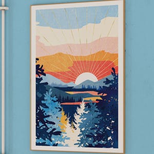 Retro Sunset Art Print, Abstract Landscape Poster Design, Bright Summer Retro Art,  &quot;Sunset Lake&quot; by SpaceFrog Designs