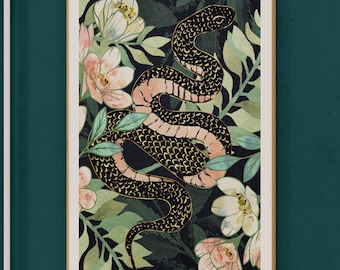 Botanical Serpent Wall Art - Floral Snake Illustration, Nature Themed Artwork