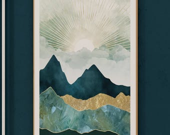 Golden Sunrise Over Mountains - Abstract Landscape Print