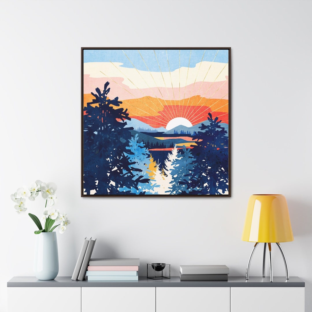 Retro Sunset Framed Art Canvas , Abstract Landscape Design, Bright Summer Retro Art, sunset Lake