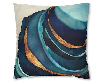 Funda de almohada abstracta azul y dorada: Cojín con detalles metálicos