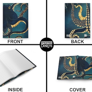 Puede incluir: Una cubierta de cuaderno con un dise&ntilde;o de pulpo azul y dorado. La portada muestra al pulpo con sus tent&aacute;culos extendidos. La contraportada muestra al pulpo con sus tent&aacute;culos enroscados. El interior del cuaderno es de papel rayado. La cubierta est&aacute; hecha de un material duradero.