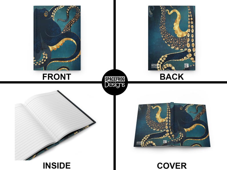Puede incluir: Una cubierta de cuaderno con un dise&ntilde;o de pulpo azul y dorado. La portada muestra al pulpo con sus tent&aacute;culos extendidos. La contraportada muestra al pulpo con sus tent&aacute;culos enroscados. El interior del cuaderno es de papel rayado. La cubierta est&aacute; hecha de un material duradero.