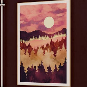 May include: A watercolor painting of a forest scene with a full moon in the sky. The sky is a vibrant pink and orange, and the trees are a deep purple and brown. The moon is a pale yellow.