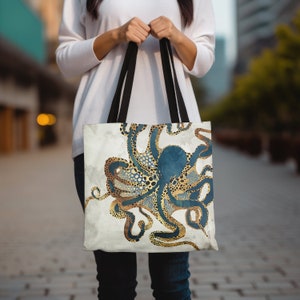 Octopus Tote Bag, Abstract Ocean Octopus Bag, Artsy Metallic Octopus Tote, Beach Carryall Bag, Underwater Dream VI by SpaceFrog Designs Bild 4