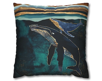 Whale Pillow Cover, Abstract Ocean Whale Decorative Throw Pillow Cover, "Moonlit Whales" by SpaceFrog Designs