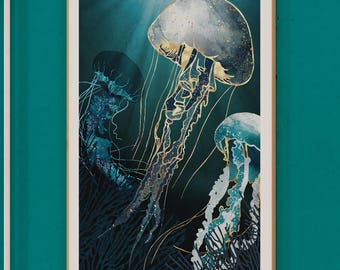 Metallic Jellyfish Art Print: Ocean Home Decor