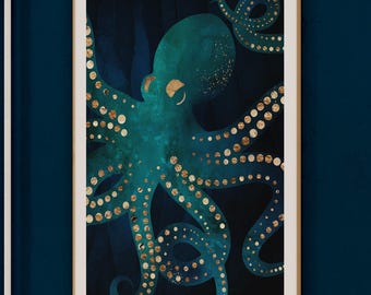 Teal Octopus Print: Modern Marine Life Wall Art Decor