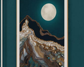 Jewel Mountain Art Print - Abstract Gemstone Moonlight Landscape, Luxurious Wall Art