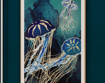 Abstract Jellyfish Art Print: Metallic Gold Ocean Wall Decor