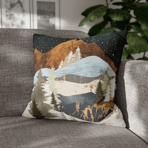 Winter Landscape Pillow Cover, Abstract Mountain Decorative Square Throw Pillow Cover, Cabin Decor, Winters Stars by SpaceFrog Designs image 2