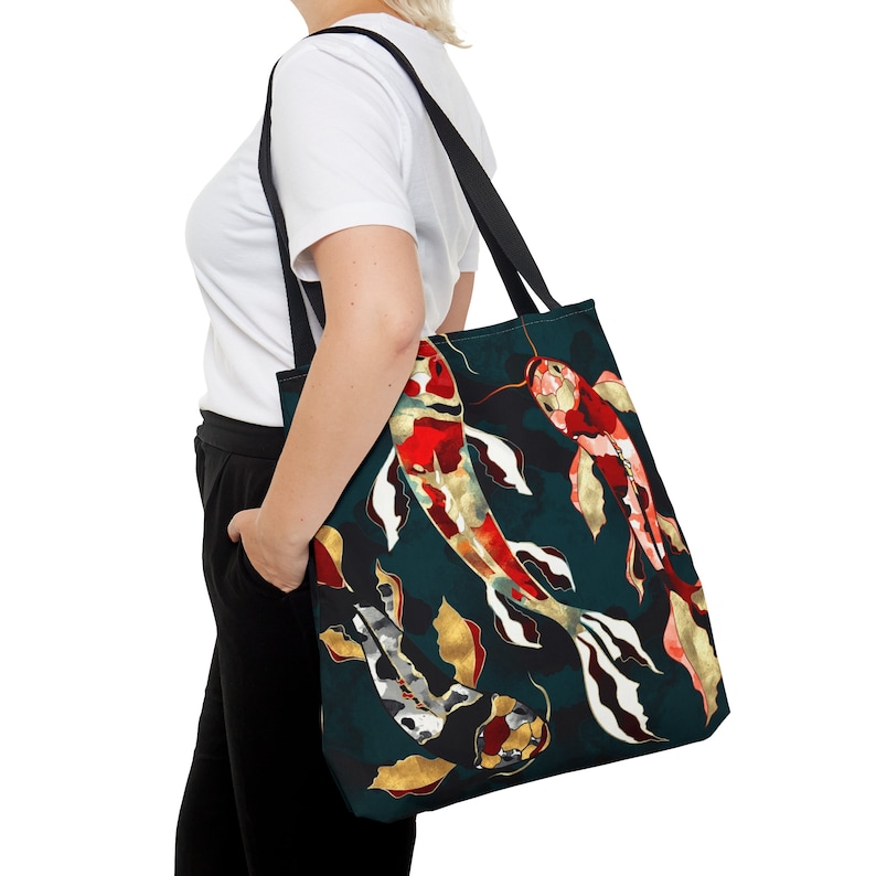 Koi Tote Bag, Abstract Fish Bag, Artsy Metallic Koi Tote, Fish Design Camping Carryall Bag, Metallic Koi by SpaceFrog Designs Large