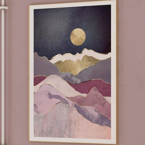 May include: Abstract art print featuring a gold moon and layered purple, pink, and gold mountains against a dark blue background.