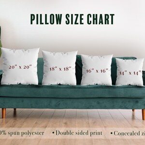 May include: A size chart for throw pillows, showing four different sizes: 20 inches by 20 inches, 18 inches by 18 inches, 16 inches by 16 inches, and 14 inches by 14 inches. The pillows are white and are displayed on a teal sofa. The text "PILLOW SIZE CHART" is at the top of the image. The text below the sofa reads: "100% spun polyester", "Double sided print", and "Concealed zipper".