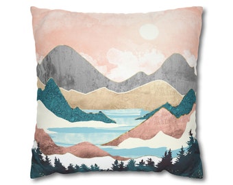 Lake Sunrise Pillow Cover - Abstract Mountain Forest and Lake Decorative Throw Pillow Cover - "Lake Sunrise" by SpaceFrog Designs