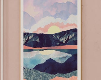 Calm Lake at Sunset Art Print - Tranquil Mountain Reflections, Pastel Watercolor Home Decor