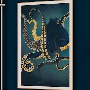 Intricate Octopus Print - Gold and Blue Ocean Art - Nautical Home Decor &quot;Metallic Octopus IV&quot; by SpaceFrog Designs
