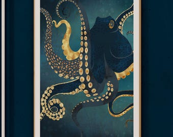 Octopus Art Print: Gold & Blue Nautical Home Decor