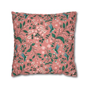 Hummingbird Garden Cushion Cover - Pink Floral Pillow - Decorative Throw Pillow - by SpaceFrog Designs