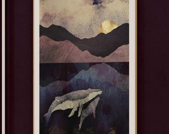 Whale Silhouette and Mountains Artwork - Nature Inspired Abstract Print, Tranquil Wall Art